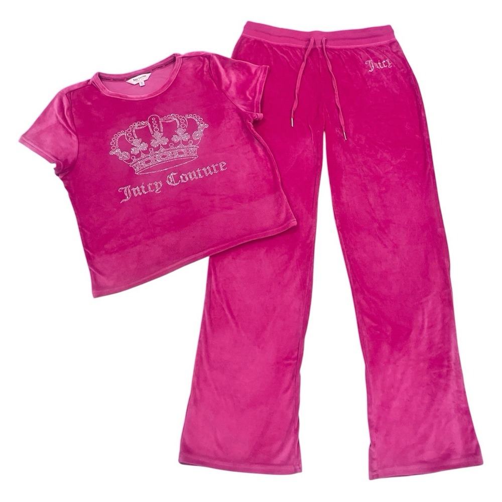 Juicy Couture Hot Pink Lounge Set Sz XL Rhinestone Crown Logo Velvet